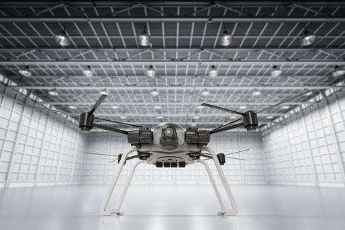Drone in an empty warehouse