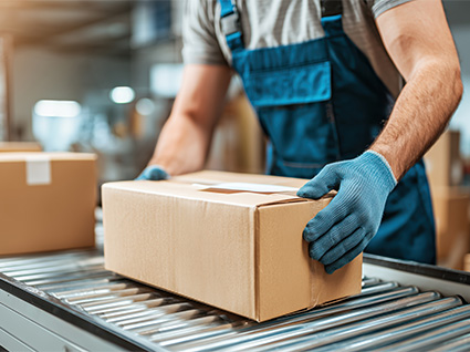 worker wearing gloves moving box on conveyor