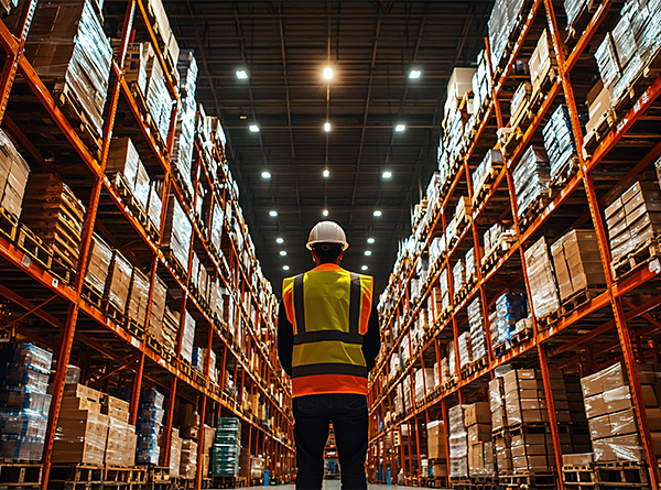 worker in safety vest and hard hat standing in pallet rack aisle