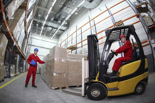 receiving area forklift and pallets