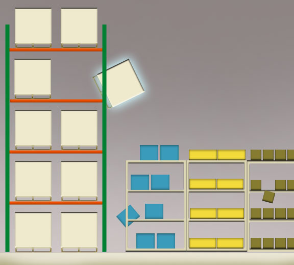 falling items in a rack and shelving system