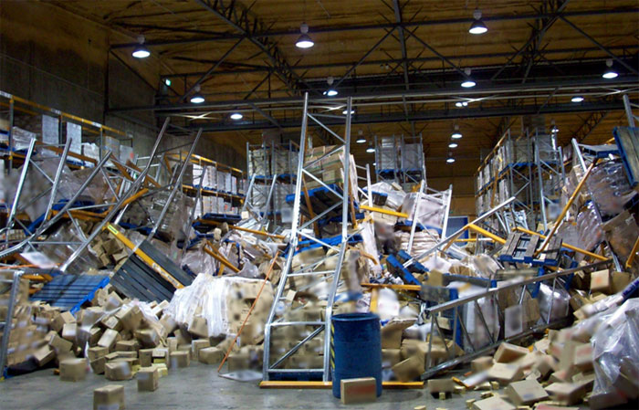 pallet rack collapse in a warehouse