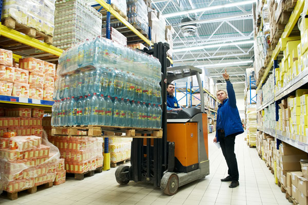 warehouse store loading water bottles