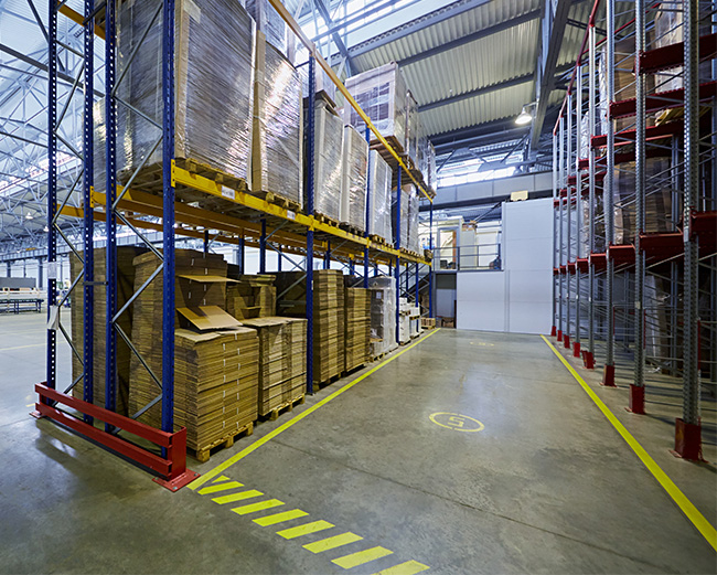 pallet rack with yellow floor striping