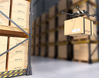 drone moving box in a warehouse