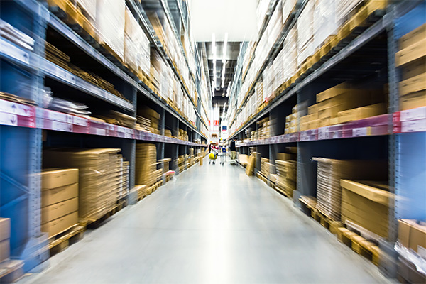 pallet rack aisle with motion blur