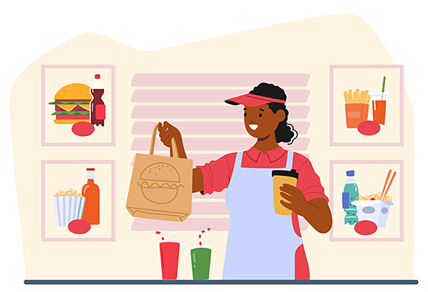 illustration of fast food worker with takeout bag and cup