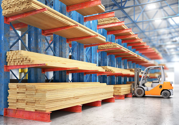 cantilever rack in a lumber storage operation