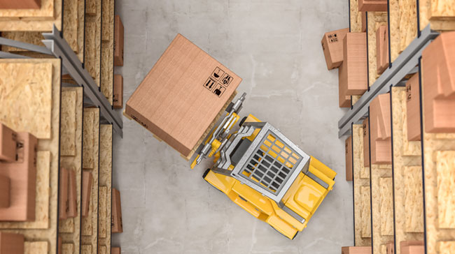 forklift in a tight warehouse aisle, loading pallets overhead