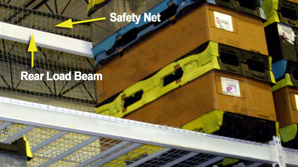 pallet rack with rear load beam and safety net