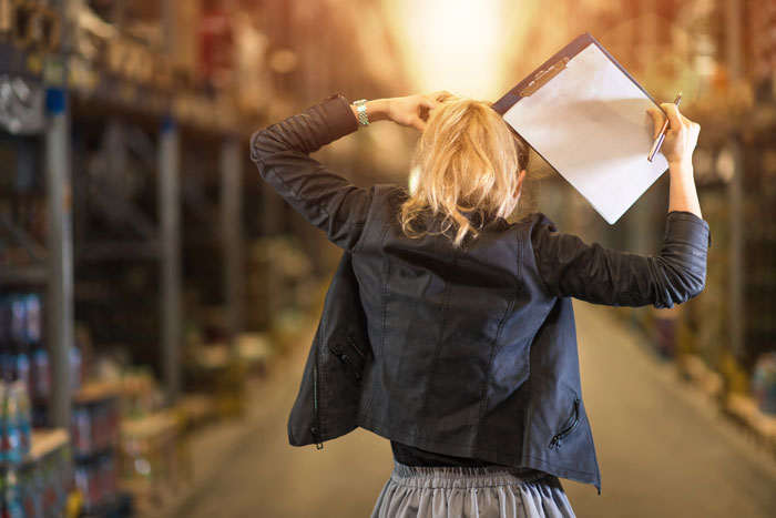 warehouse manager in a rack aisle