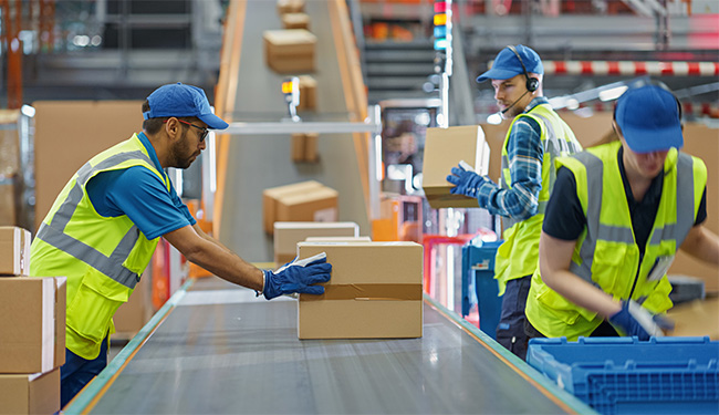 workers in safety vests and headsets placing cartons on conveyor