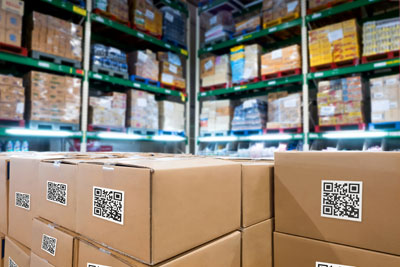 palletized cartons in a distribution center