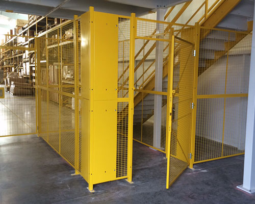 security cage integrated with a warehouse mezzanine