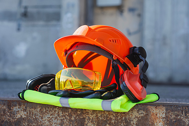 PPE including hard hat, safety vest and eye protection