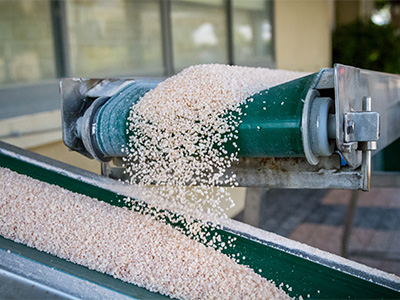 conveyor depositing gritty substance on other conveyor