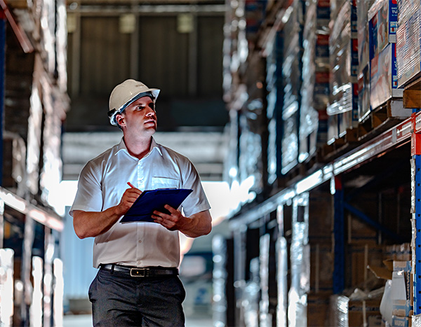 man with tablet and hard hat walking through warehouse