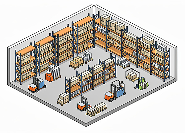 illustration of pallet racks and forklift traffic