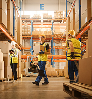 workers checking inventory and moving palletized loads