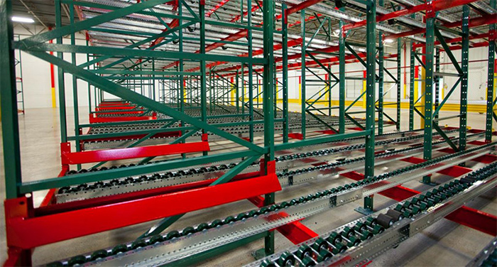 pallet flow system in a distribution center