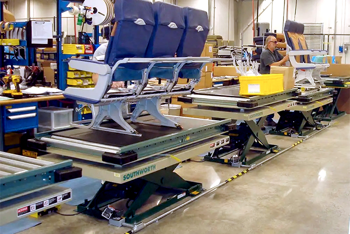 scissor lift tables on an assembly line