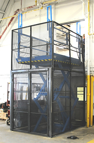 scissor lift reaching to a mezzanine platform with safety surround