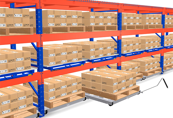 pallet rack row with roll-out pallet system to reduce ergonomic issues related to bending and stretching.