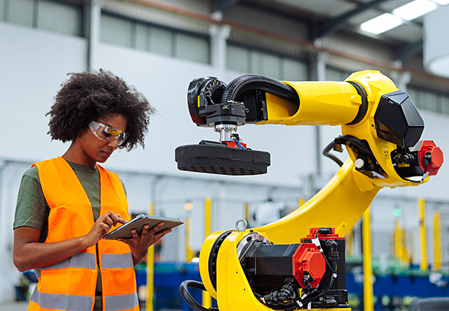 woman programming an industrial robot