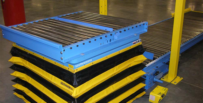 scissor lift for pallet handling in a conveyor line.