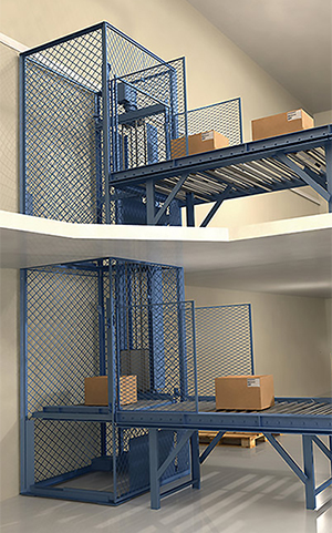 Vertical conveyor loading from a conveyor system to elevate packages to the next level.