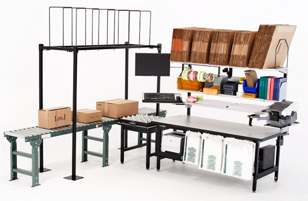 A packing bench system designed to optimize reach, ergonomics and material availability.