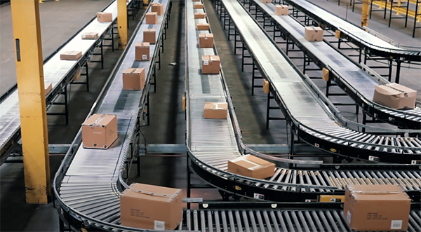 accumulation conveyor system in a warehouse.