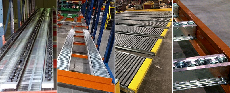 Various types of pallet flow rollers being compared for application and load suitability.