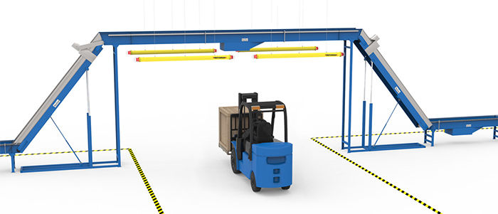 collision bars protecting conveyors from forklift impacts in an underpass application