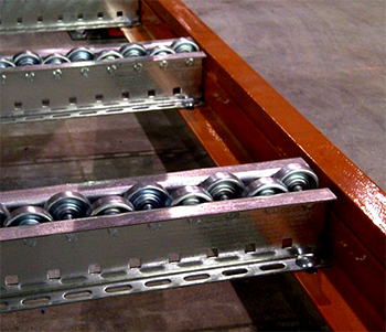 Skatewheel pallet flow rollers mounted in a multi-level, rack-supported pick module.