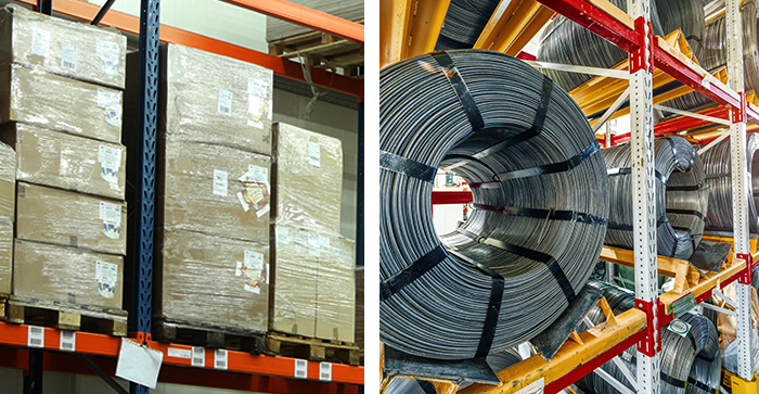 A comparison photo of loaded racks with unitized pallets and a coil of metal.