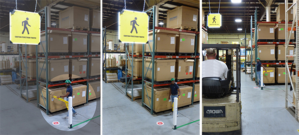 Photo of various forklift safety systems, including 180-degree sensor, rack mounted sensor and gobo triggered projection system.