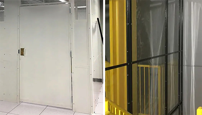Left side: solid metal partition wall. Right side: polycarbonate transparent partition wall.