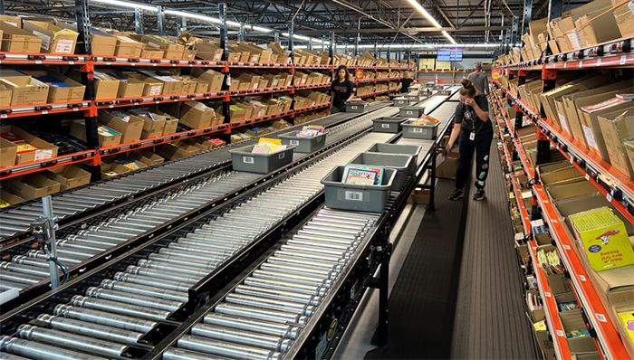 Takeaway roller conveyor system on a pick module upper level between rows of carton flow.
