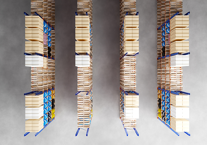 warehouse rack system with aisles between rows of pallet racking