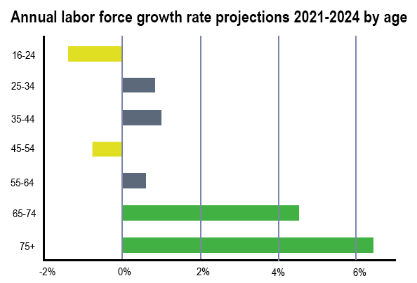 Table of labor by age group projections, 2021-2024. This table shows growth in the percentage of labor pool for ages 55-64, 65-75 and 75 or older. At the same time, it shows reductions in the pool for ages 45 through 54 and 16 through 24, with moderate gains for ages 25 to 34 and ages 35 to 44.