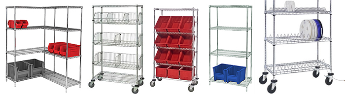 Various configurations of wire shelving, including bin storage, wire bins, wheels for mobility and reel racks.