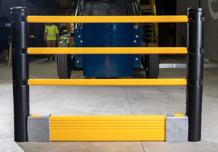 Flexible forklift guardrail being tested.
