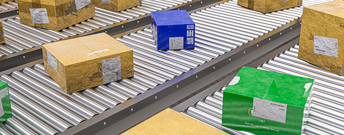 Cartons of various sizes on a conveyor system