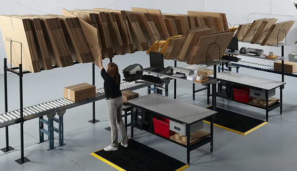 Conveyor integrated workstation for packing operations.