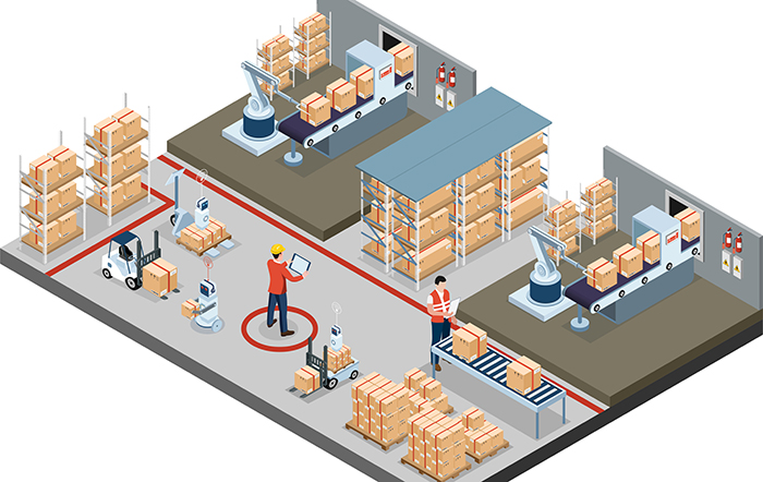 Illustration of an automated warehouse being inspected.