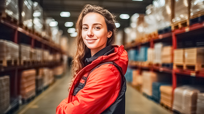 Young warehouse worker in a pallet rack aisle