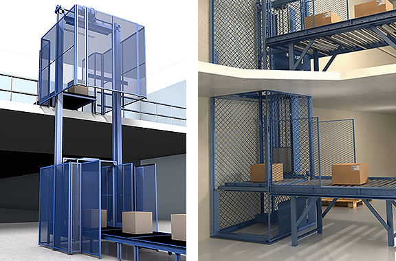 Vertical conveyor loading from a conveyor system to elevate packages to the next level.