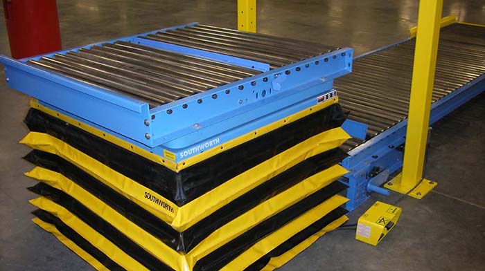 This lift integrates with a pallet conveyor line to lift and rotate full pallets.