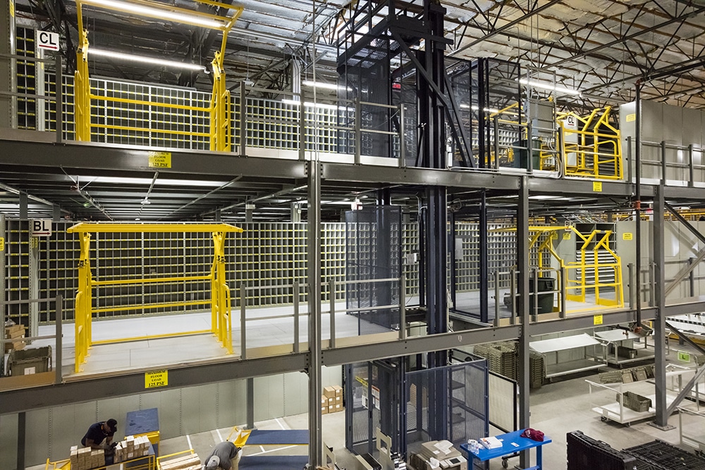 vertical warehouse with VRC and mezzanine integration